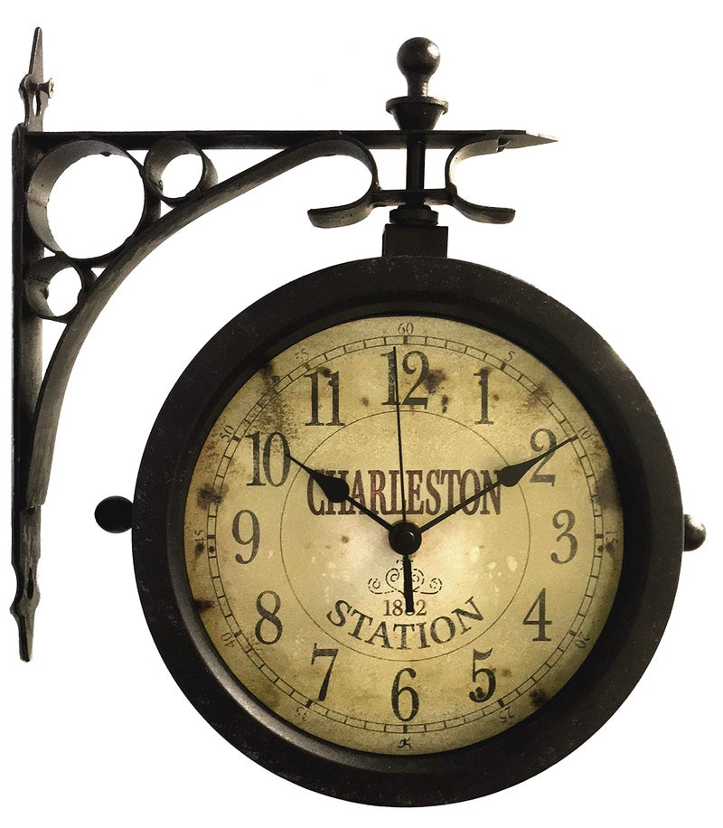 Infinity Instruments Charelston Metal Outdoor Clock, Waterproof Double Sided Train Station Clock & Thermometer - Image 1